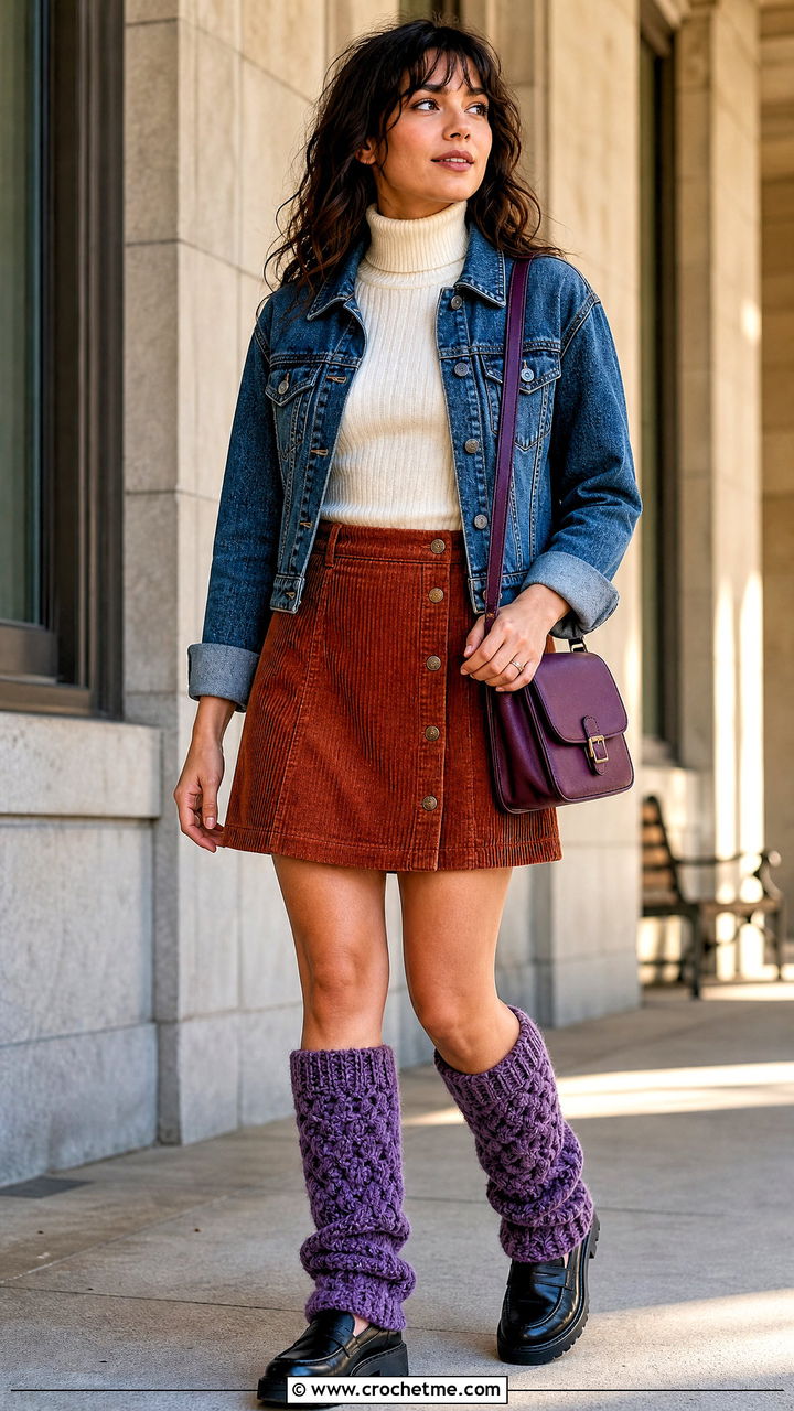 Plush Crochet Leg Warmers With Corduroy Skirt - 35 crochet leg warmers outfit ideas