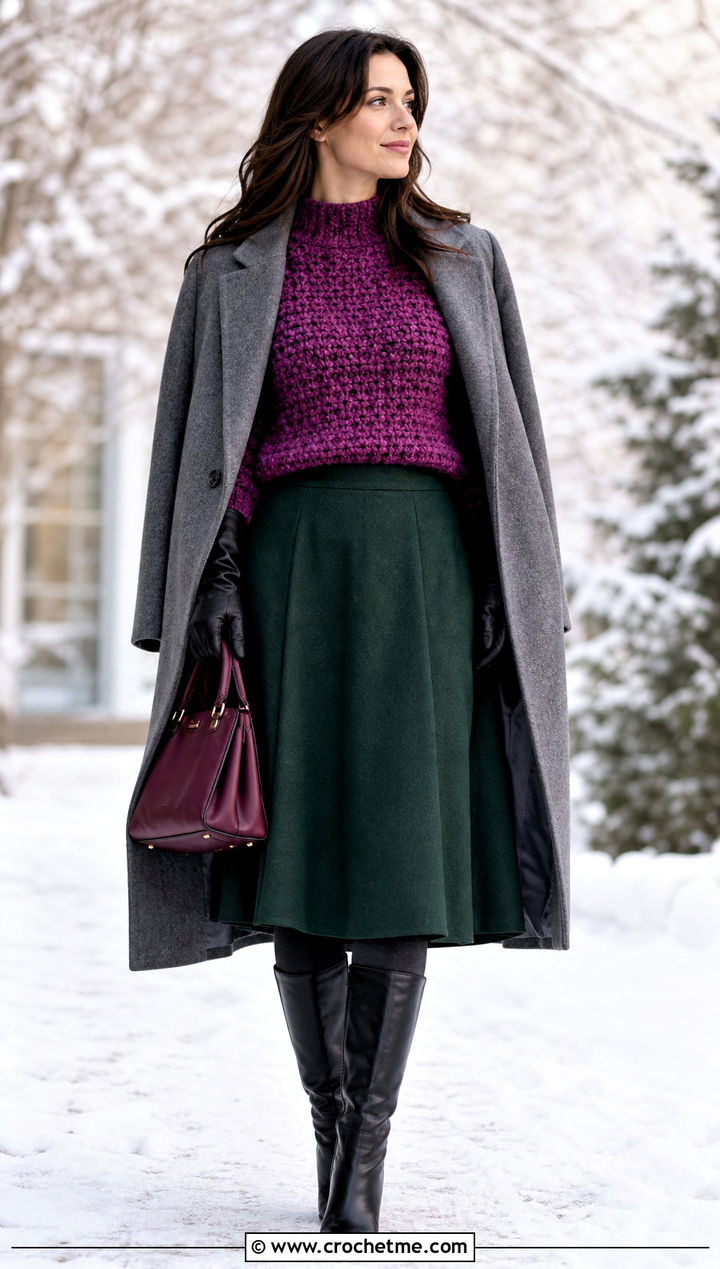 Plush Crochet Mock Neck Top With Wool Midi Skirt - 35 crochet mock neck top outfit ideas