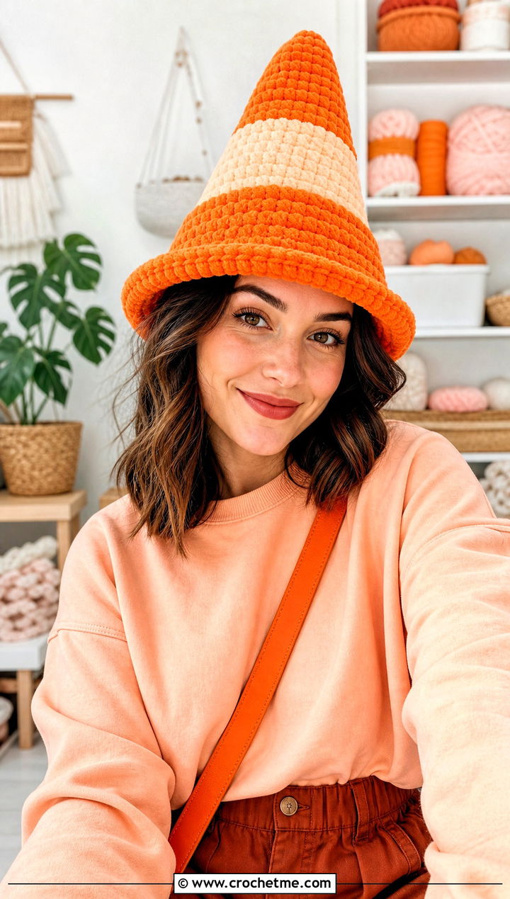Plush Crochet Traffic Cone Hat With Monochrome Outfit - 25 crochet traffic cone hat outfit ideas
