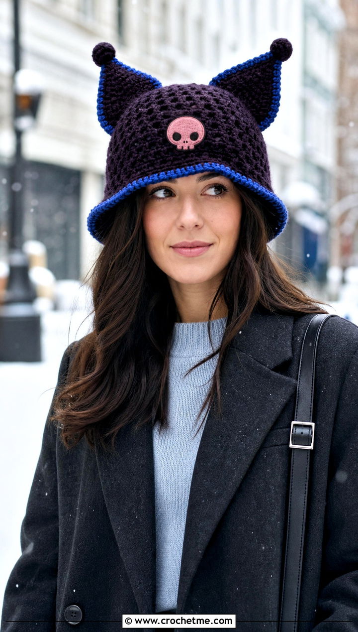 Plush Kuromi Crochet Bucket Hat With Long Coat - 15 Kuromi Crochet Bucket Hat outfit ideas