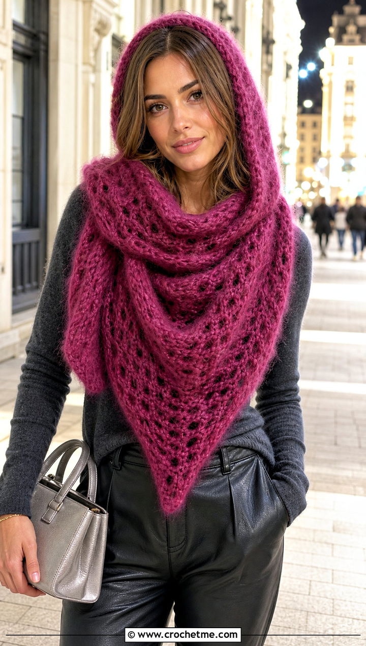 Plush Mohair Hooded Triangle Crochet Scarf With Faux Leather Pants - 25 Hooded Triangle Crochet Scarf outfit ideas