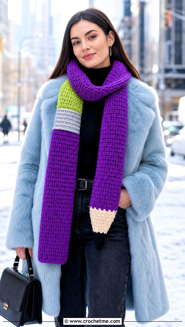 Plush Pencil Crochet Scarf With Faux Fur Coat - 30 Pencil Crochet Scarf outfit ideas