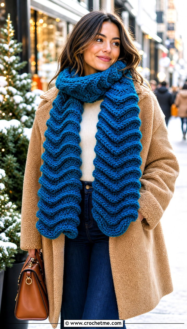 Plush Wave Crochet Scarf With Teddy Coat and Flared Jeans - 25 wavy crochet scarf outfit ideas