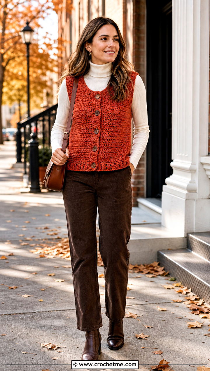 Plush Yarn Crochet Button Vest With Corduroy Pants - 35 crochet button vest outfit ideas