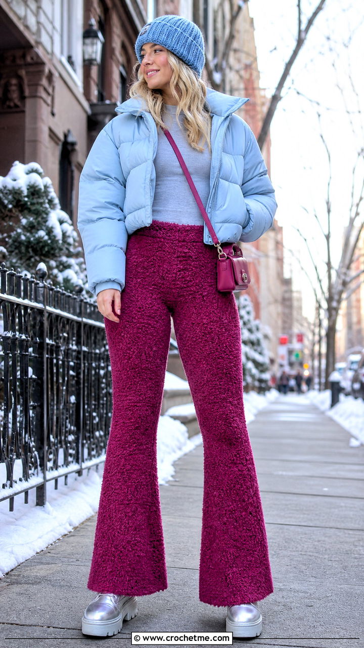 Plush Yarn Crochet Flare Pants With Cropped Puffer Jacket - 35 crochet flare pants outfit ideas