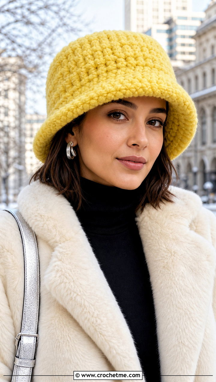 Plush Yellow Crochet Bucket Hat With Faux Fur Coat - 30 yellow crochet bucket hat outfit ideas