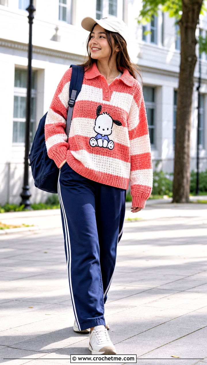 Pochacco Rugby Crochet Sweater With Track Pants - 25 Sanrio Crochet Clothes and outfit ideas