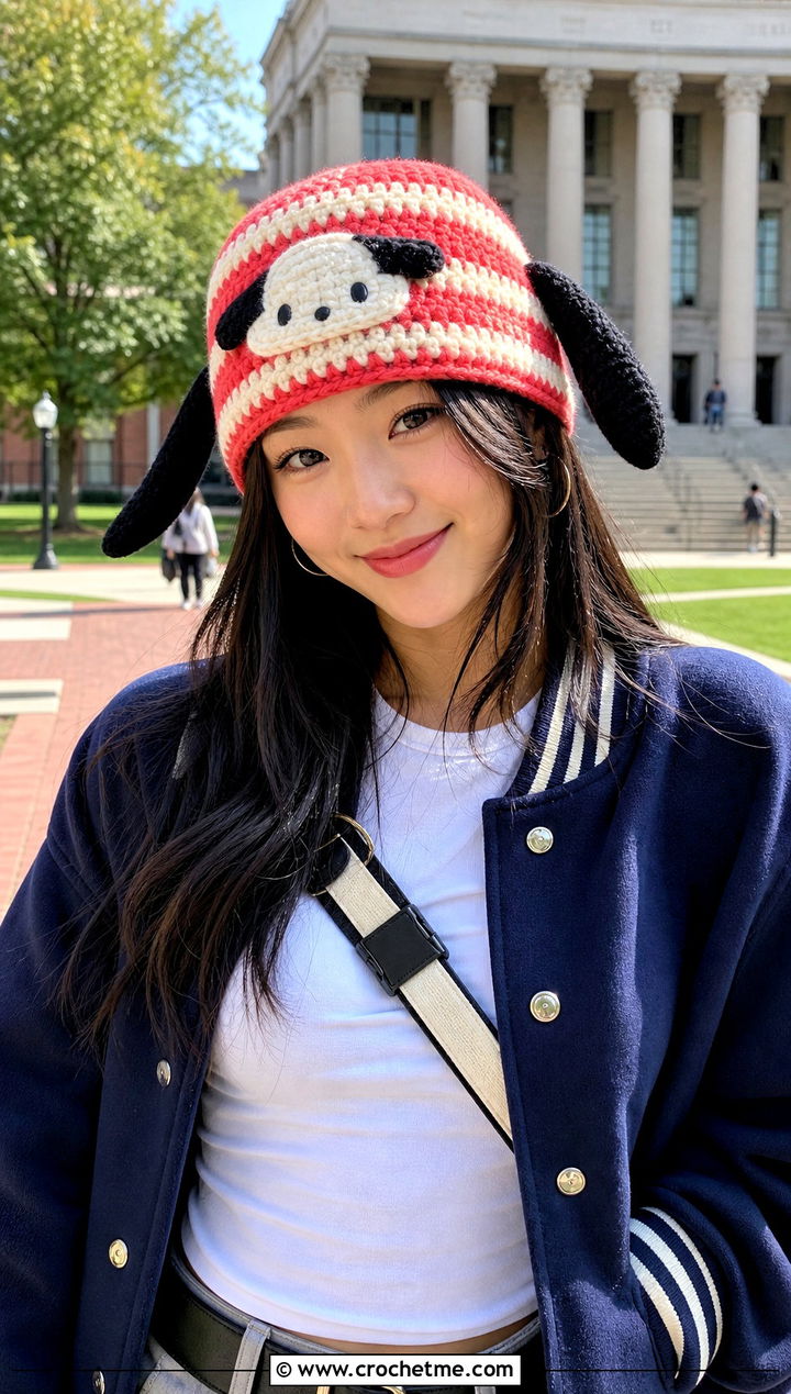 Pochacco Striped Beanie With Varsity Jacket - 25 sanrio crochet beanie outfit ideas