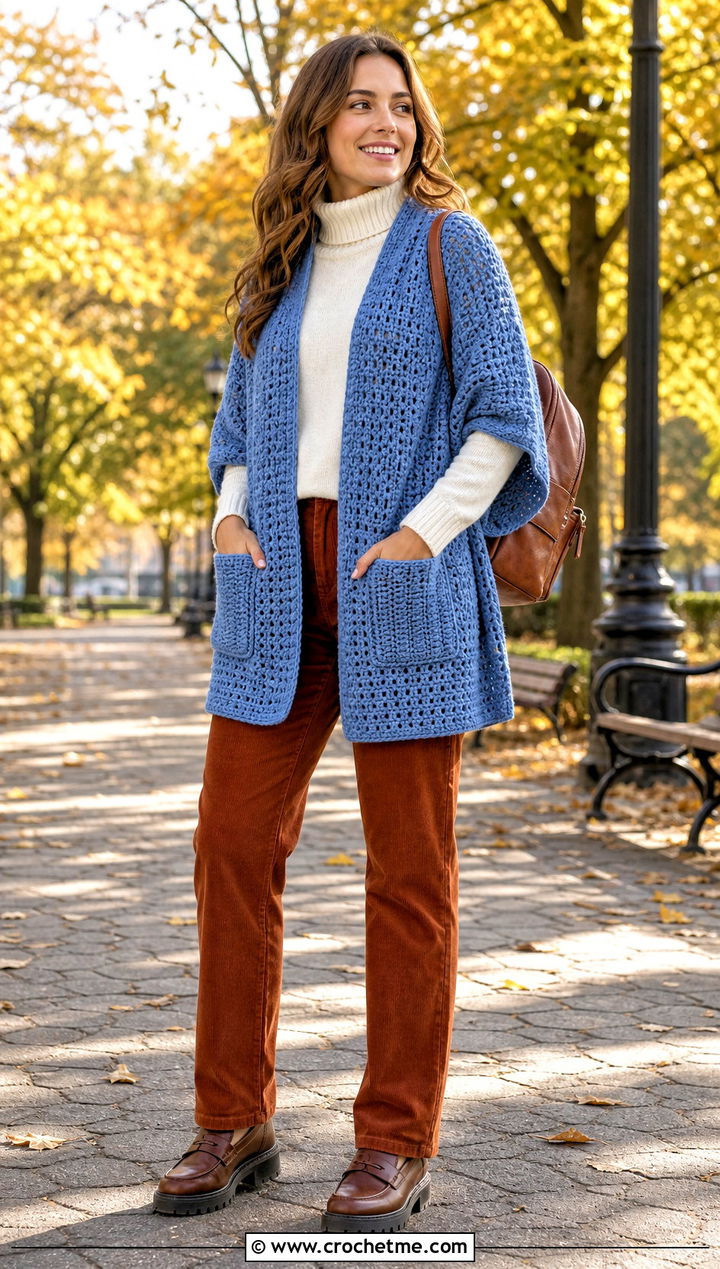 Pocket Block Stitch Crochet Shawl With A Corduroy Outfit - 15 Block Stitch Crochet Shawl outfit ideas