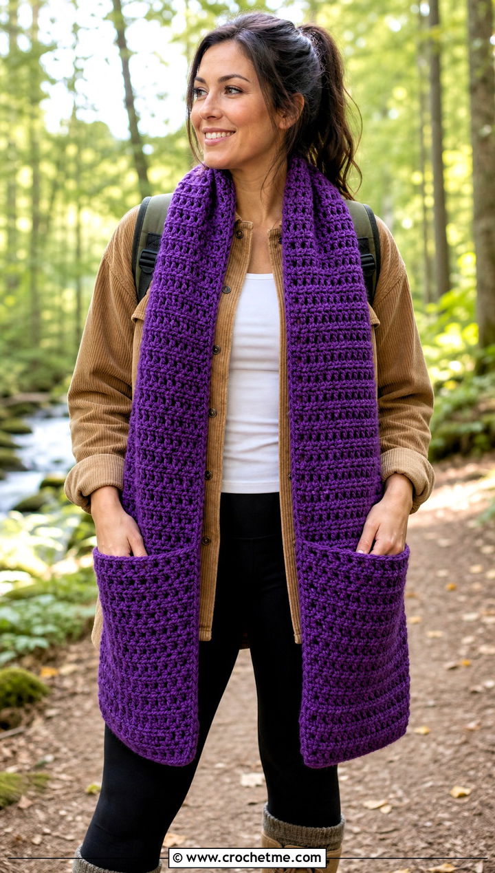 Pocket Bonfire Scarf With Leggings And Shacket - 20 Crochet Bonfire Scarf outfit ideas