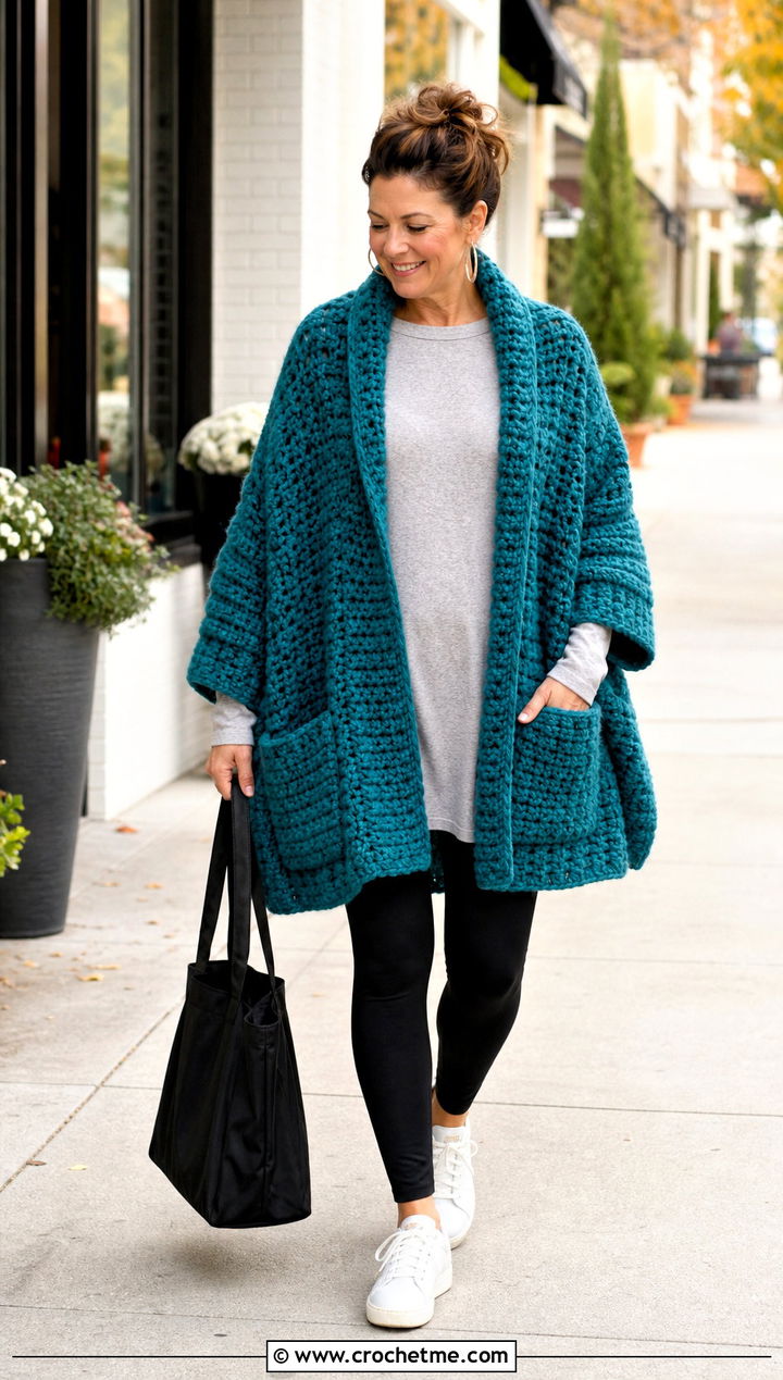 Pocket Bulky Yarn Crochet Shawl With Leggings - 20 Bulky Yarn Crochet Shawl outfit ideas