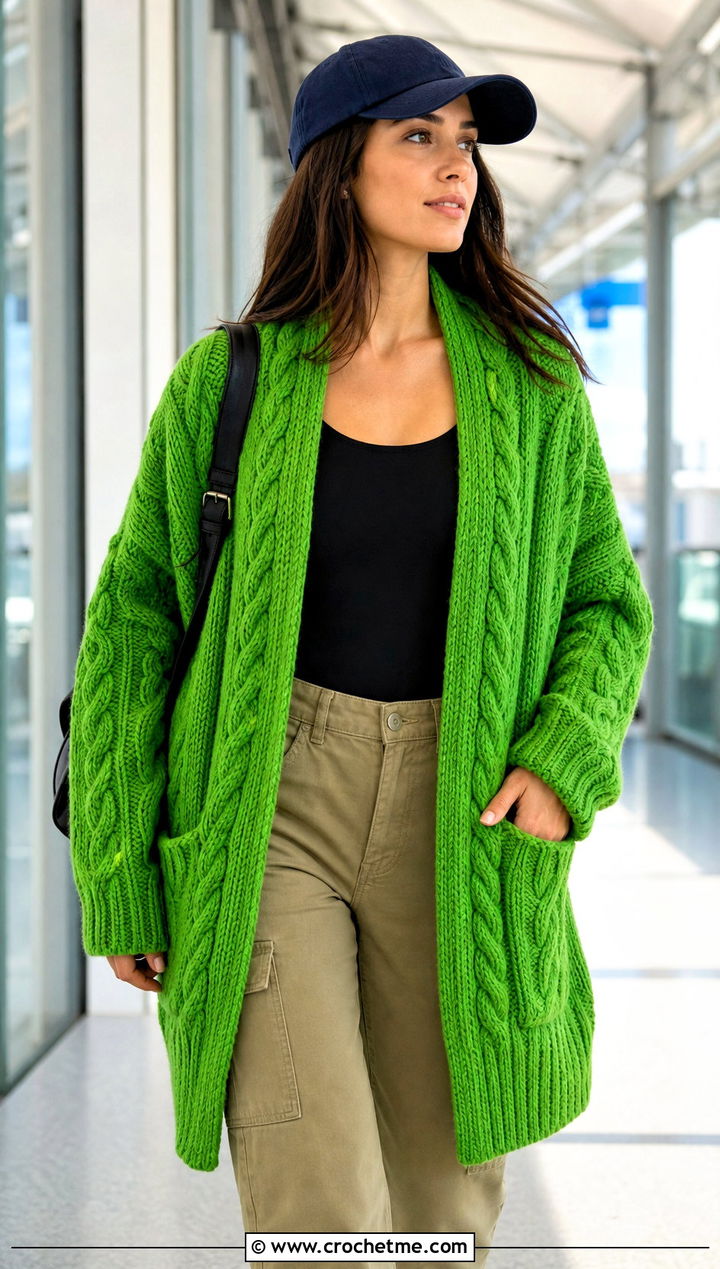 Pocket Cable Shawl With Cargo Pants - 15 Crochet Cable Shawl outfit ideas