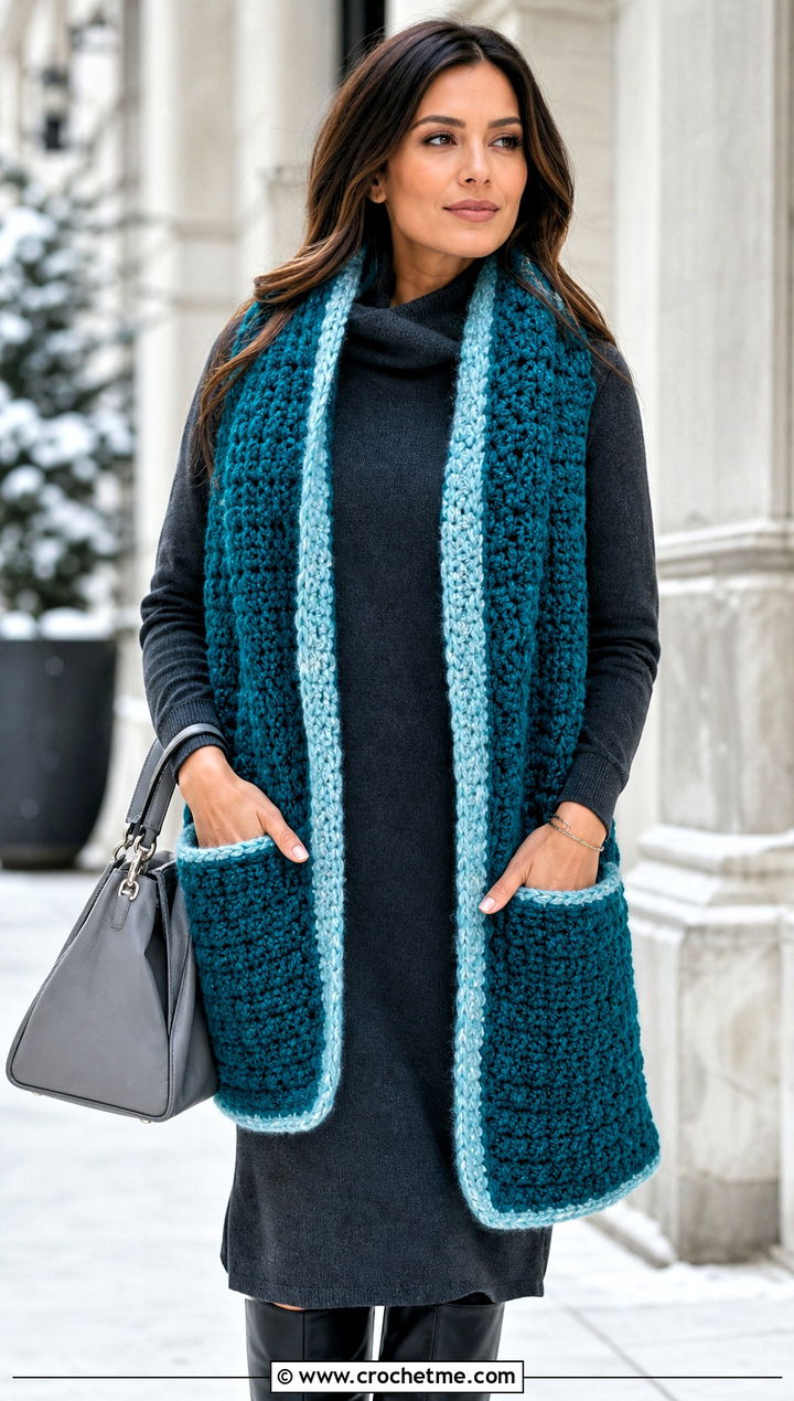 Pocket Candy Scarf With Sweater Dress - 15 crochet candy scarf outfit ideas