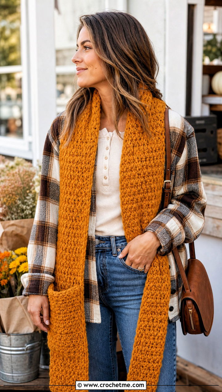 Pocket Chunky Crochet Scarf With Plaid Shacket - 15 Crochet Scarves Chunky Yarn outfit ideas
