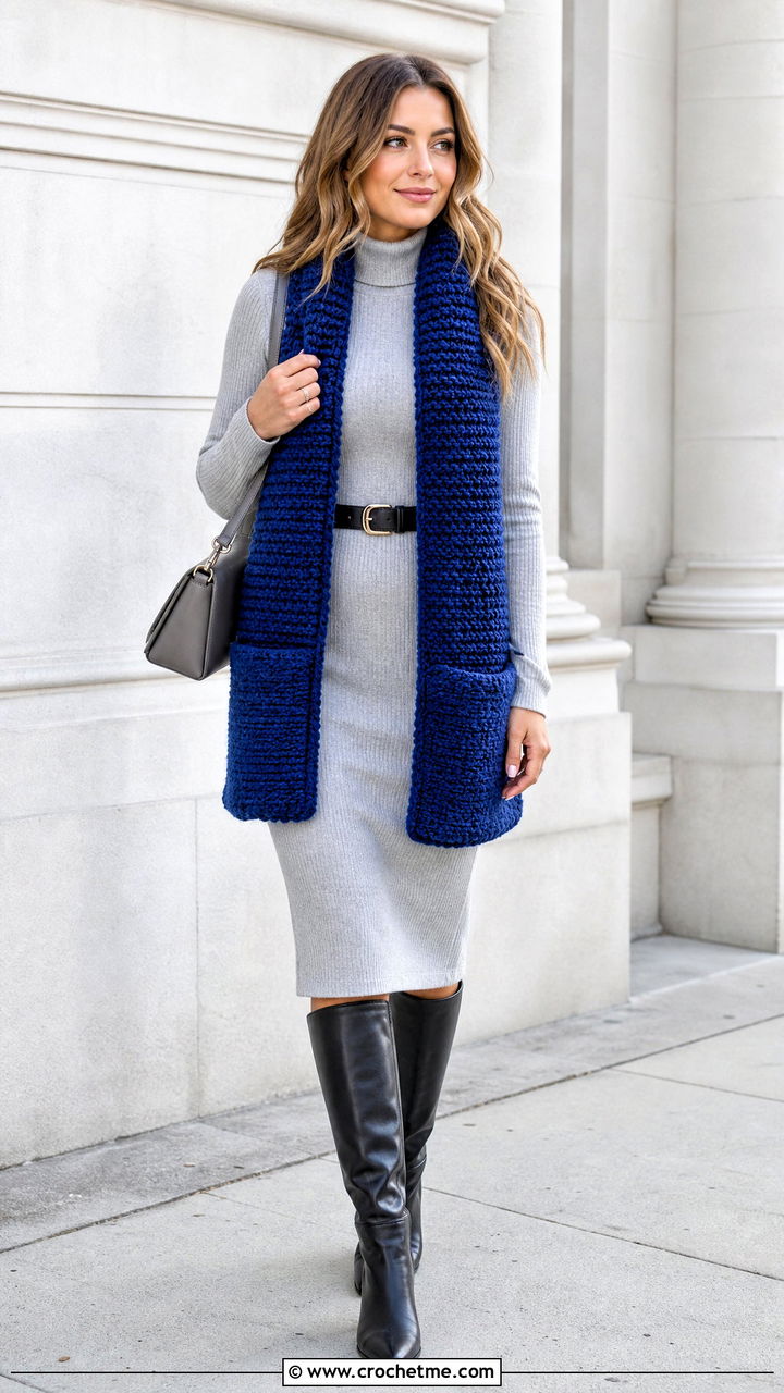 Pocket Chunky Crochet Scarf With Sweater Dress - 35 chunky crochet scarf outfit ideas