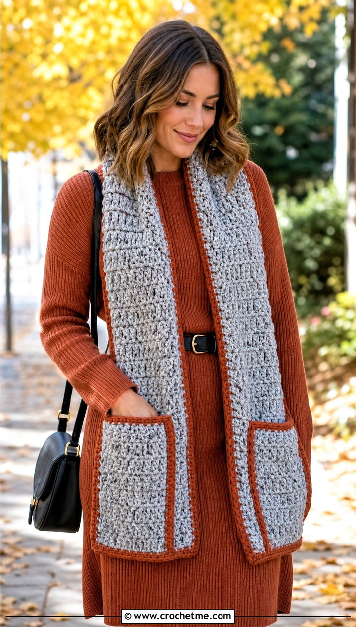 Pocket Chunky Gray Crochet Scarf With Sweater Dress - 15 Chunky Gray Crochet Scarf outfit ideas