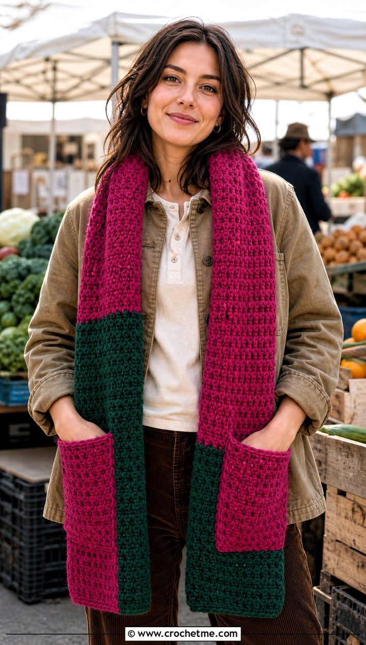 Pocket Color Block Crochet Scarf With Chore Jacket - 25 Color Block Crochet Scarf outfit ideas