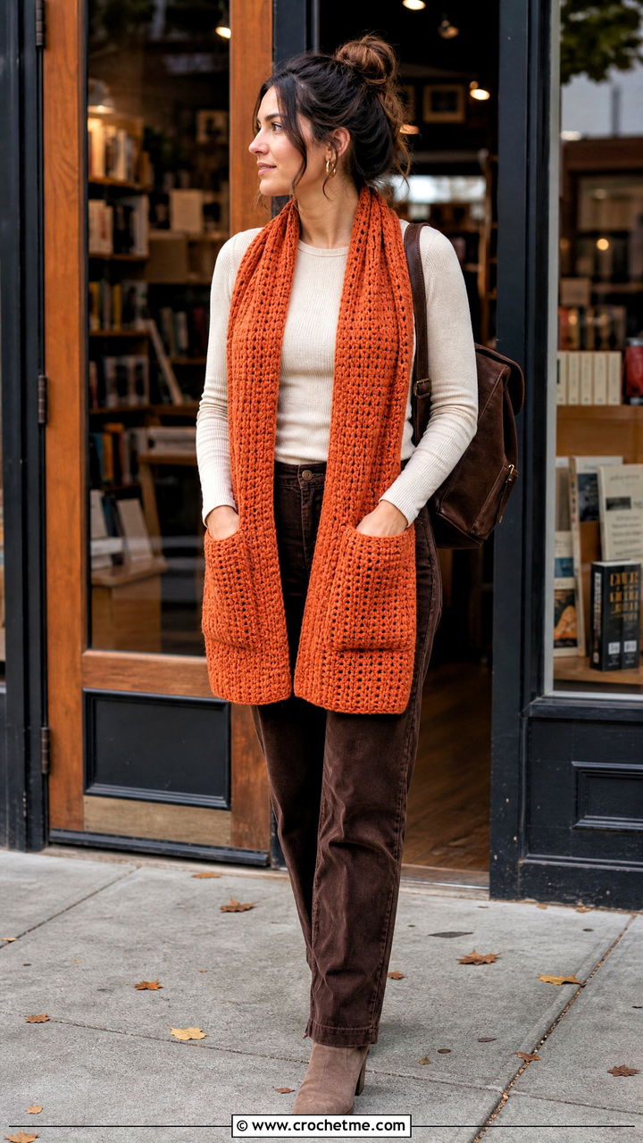 Pocket Crochet Blanket Scarf With Corduroy Pants - 35 crochet blanket scarf outfit ideas