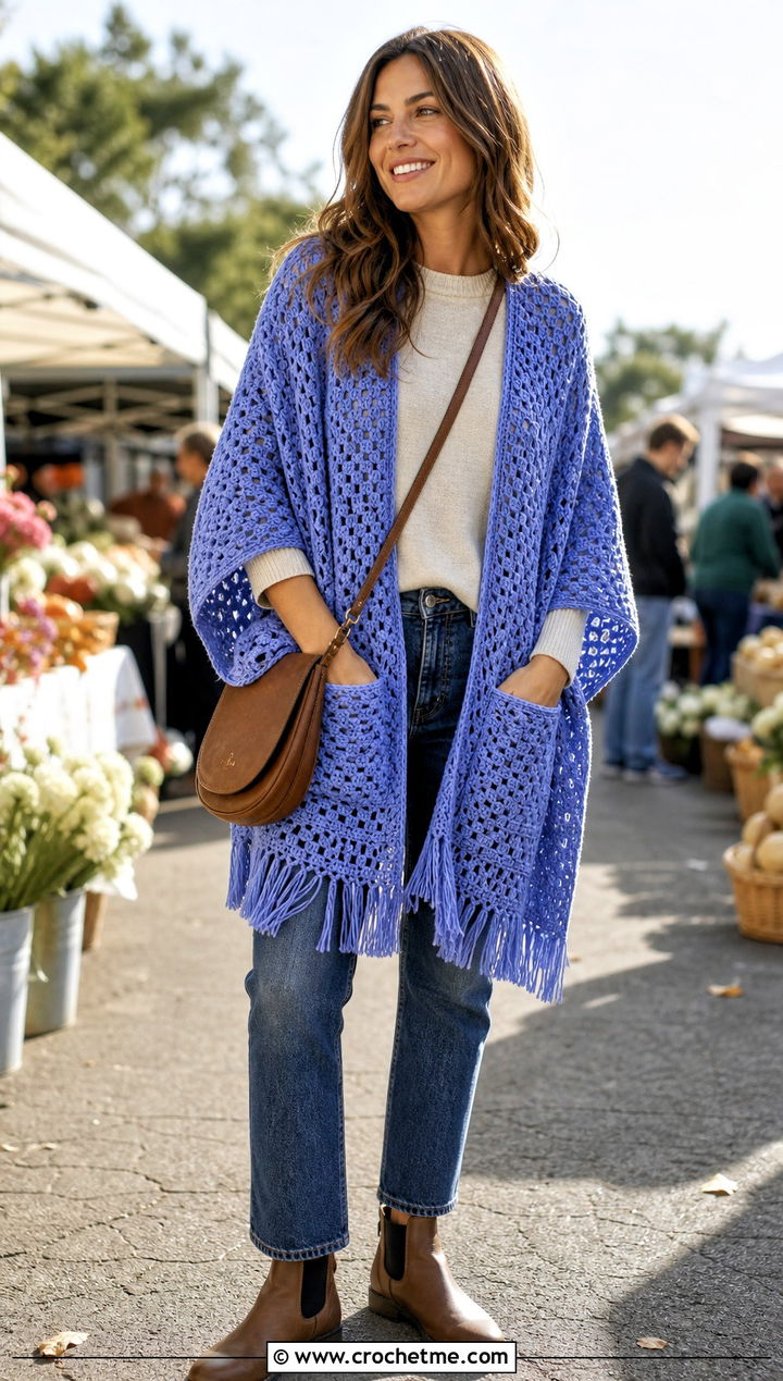 Pocket Crochet Boho Shawl With Straight Leg Jeans - 30 crochet boho shawl outfit ideas