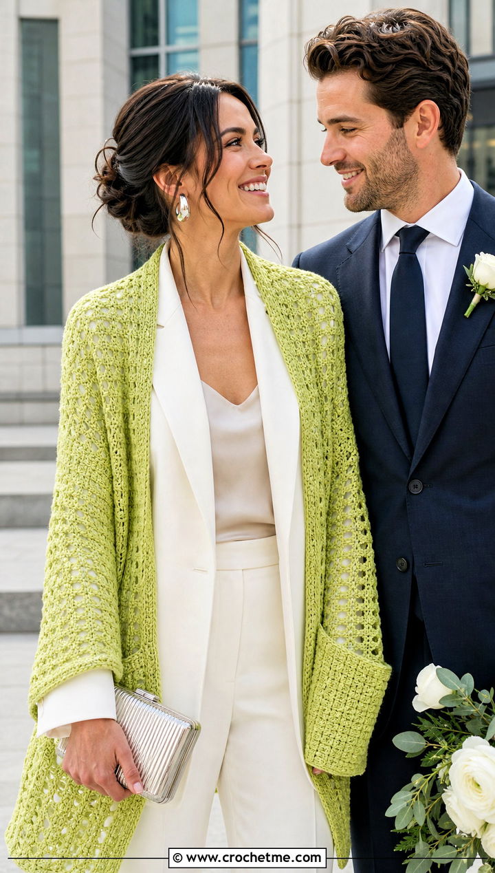 Pocket Crochet Bridal Shawl With Tailored Pantsuit - 25 Crochet Bridal Shawl outfit ideas