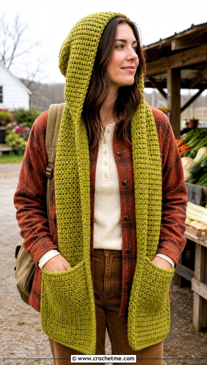 Pocket Crochet Cap Scarf With Shacket And Corduroy Pants - 25 Crochet Cap Scarf outfit ideas