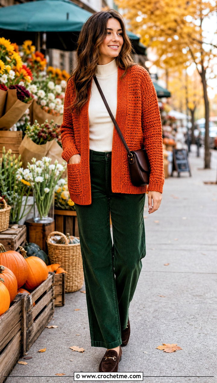 Pocket Crochet Cardigan With Corduroy Pants - 25 basic crochet cardigan outfit ideas