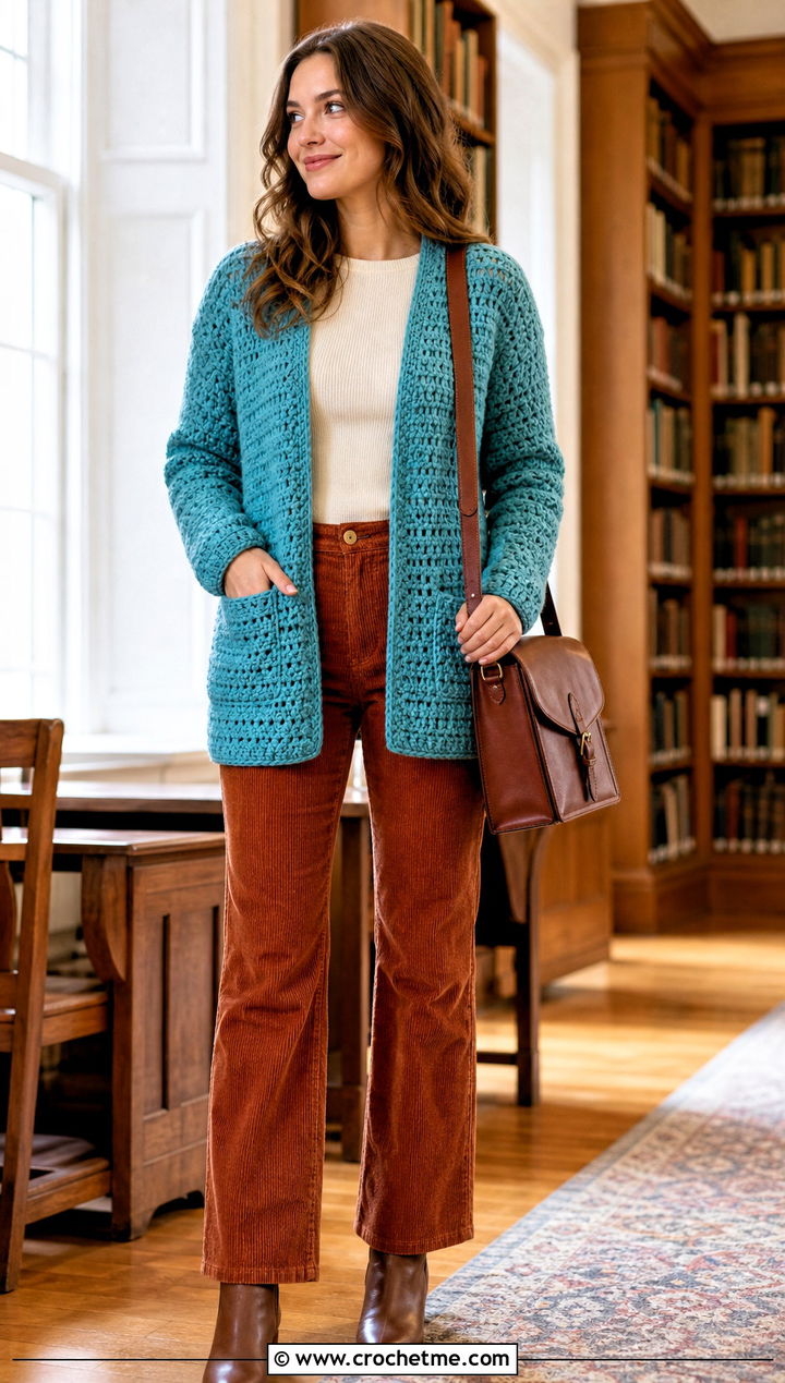 Pocket Crochet Cardigan With Corduroy Trousers - 30 crochet women's cardigan outfit ideas