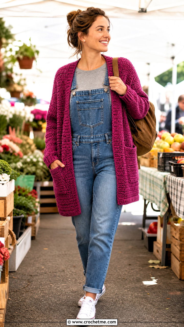 Pocket Crochet Cardigan With Denim Overalls - 35 easy crochet cardigan women outfit ideas