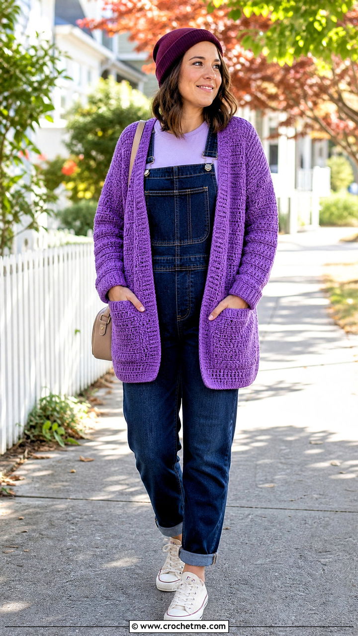 Pocket Crochet Cardigan With Denim Overalls - 35 chunky crochet cardigan outfit ideas