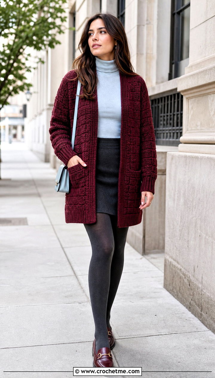 Pocket Crochet Cardigan With Mini Skirt And Tights - 30 3 weight yarn crochet cardigan outfit ideas
