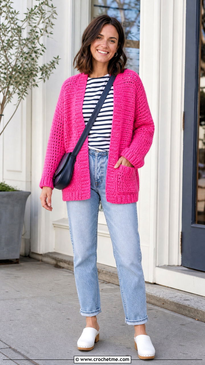 Pocket Crochet Cardigan With Mom Jeans - 35 easy crochet cardigan outfit ideas