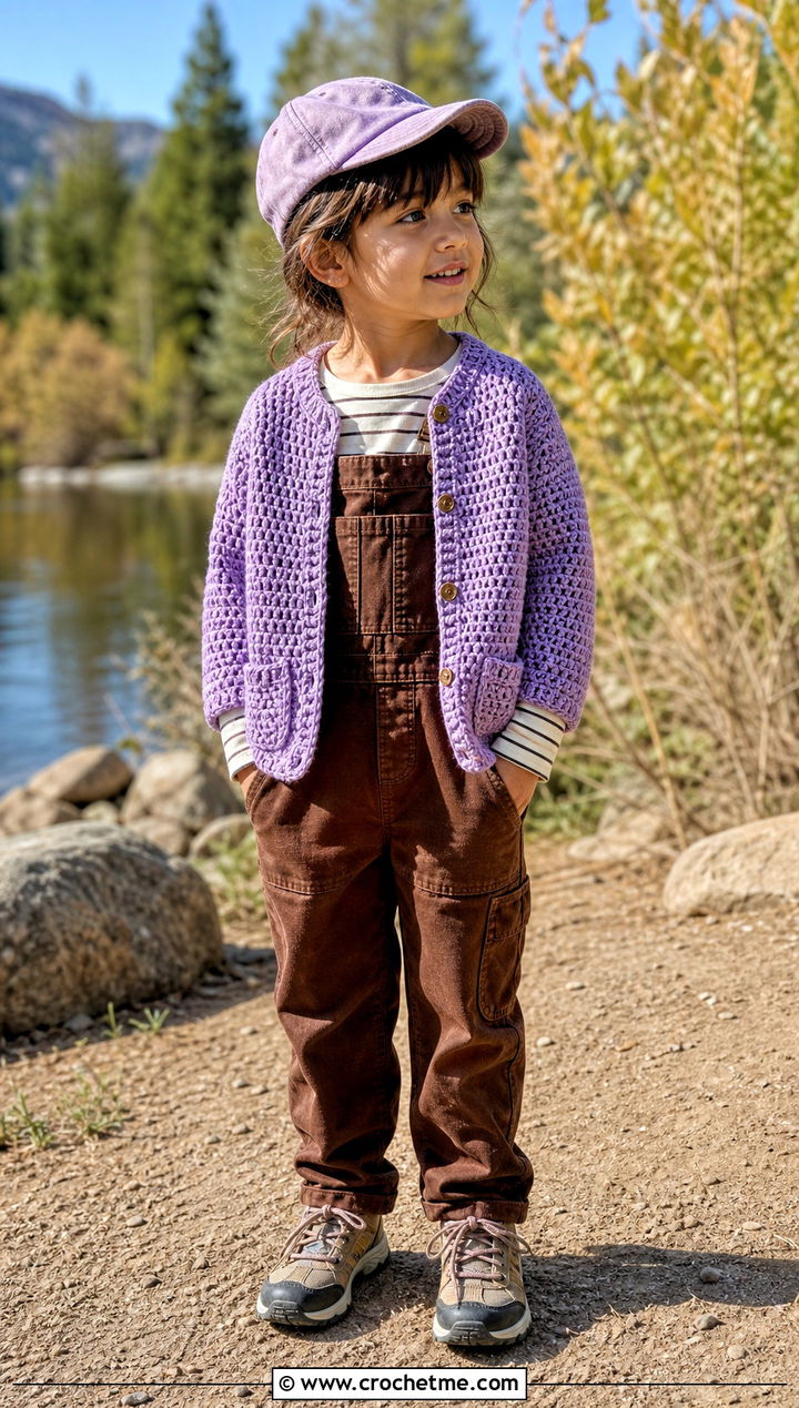 Pocket Crochet Cardigan With Utility Overalls - 25 Childs Crochet Cardigan outfit ideas