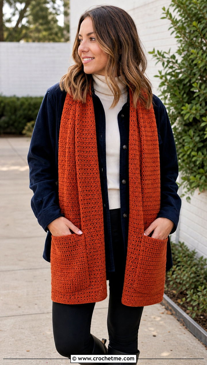 Pocket Crochet Cashmere Scarf With Shacket And Leggings - 25 crochet cashmere scarf outfit ideas