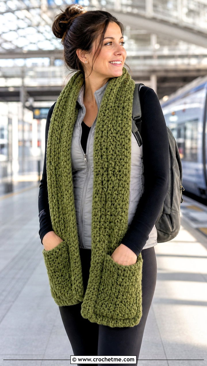 Pocket Crochet Chenille Scarf With Leggings - 25 crochet chenille scarf outfit ideas