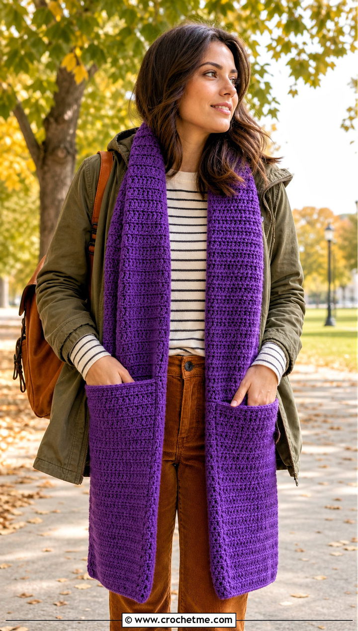 Pocket Crochet Fall Scarf With Utility Jacket - 15 Crochet Fall Scarf outfit ideas