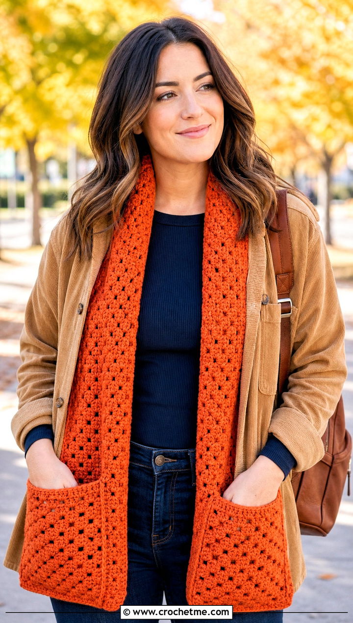 Pocket Crochet Granny Stitch Scarf With Shacket - 30 crochet granny stitch scarf outfit ideas