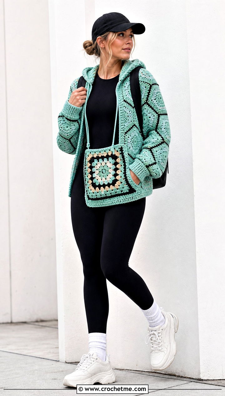Pocket Crochet Hexagon Hoodie With Unitard - 30 crochet hexagon hoodie outfit ideas