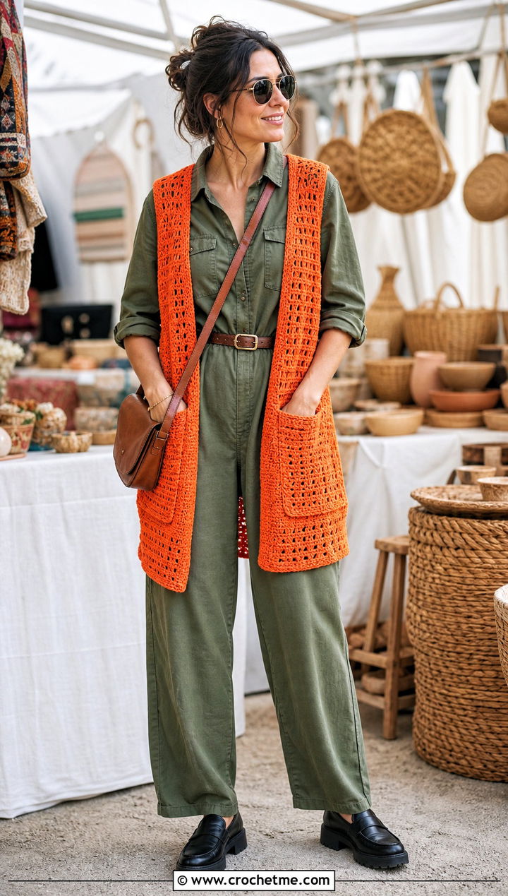 Pocket Crochet Hippie Vest With Utility Jumpsuit - 25 crochet hippie vest outfit ideas