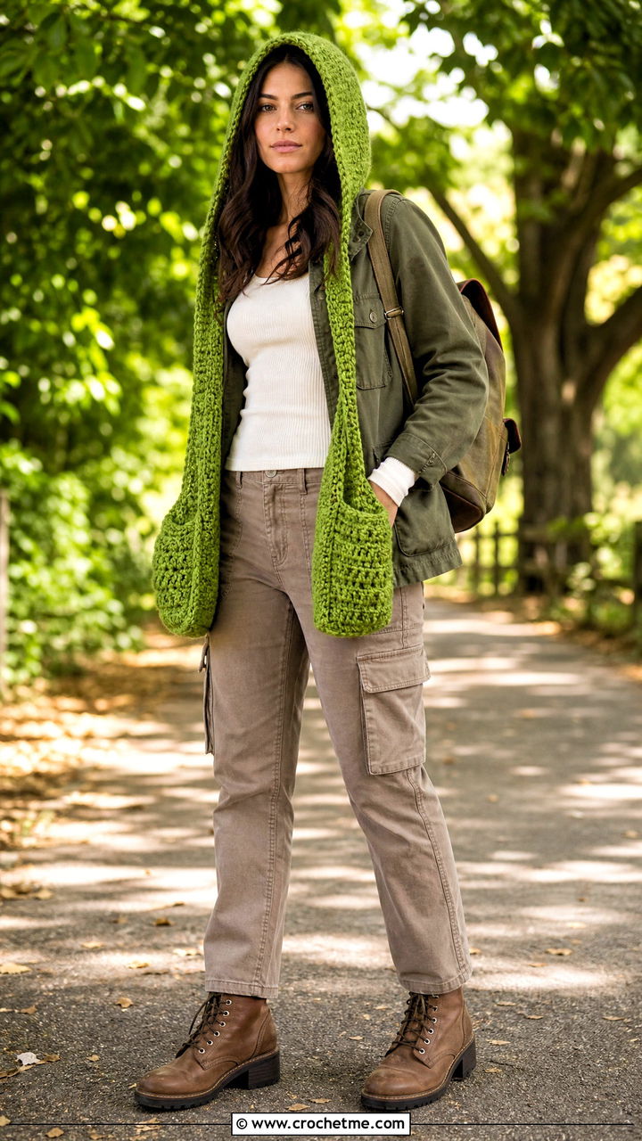 Pocket Crochet Hood Scarf With Utility Jacket - 35 crochet hood scarf outfit ideas
