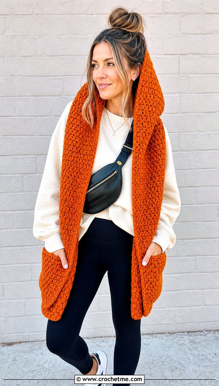 Pocket Crochet Hooded Scarf With Leggings Outfit - 30 crochet scarf with hood outfit ideas
