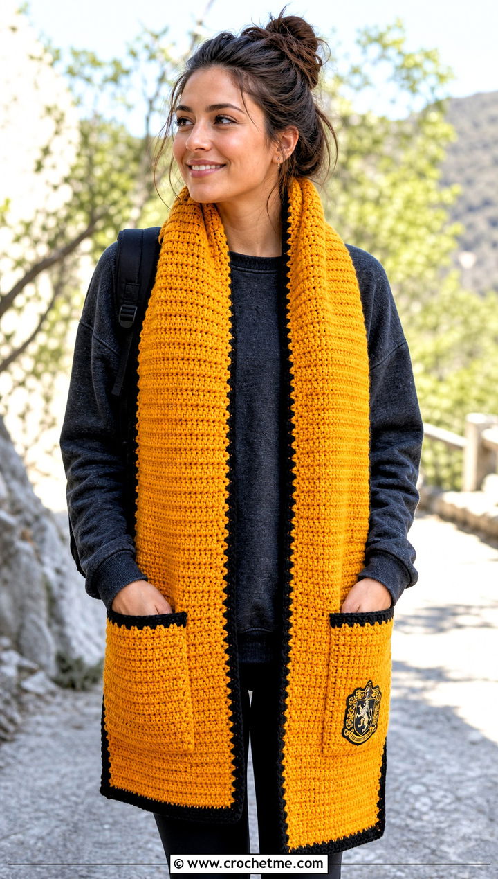 Pocket Crochet Hufflepuff Scarf With Leggings - 30 crochet hufflepuff scarf outfit ideas