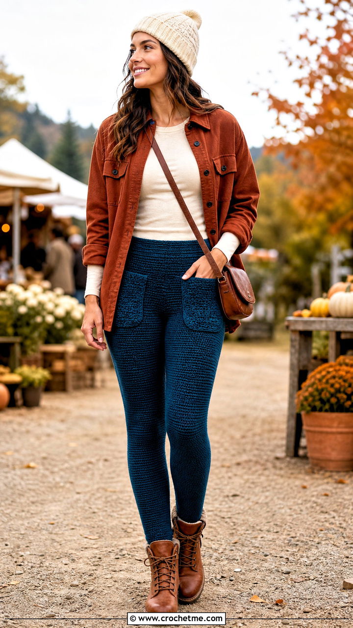 Pocket Crochet Leggings With Shacket And Boots - 35 crochet leggings outfit ideas