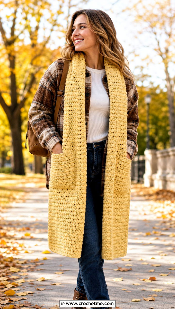 Pocket Crochet Long Scarf With Shacket And Straight Jeans - 25 Crochet Long Scarf outfit ideas