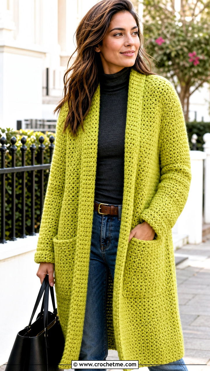 Pocket Crochet Long Shawl With Straight Jeans - 20 Crochet Long Shawl outfit ideas