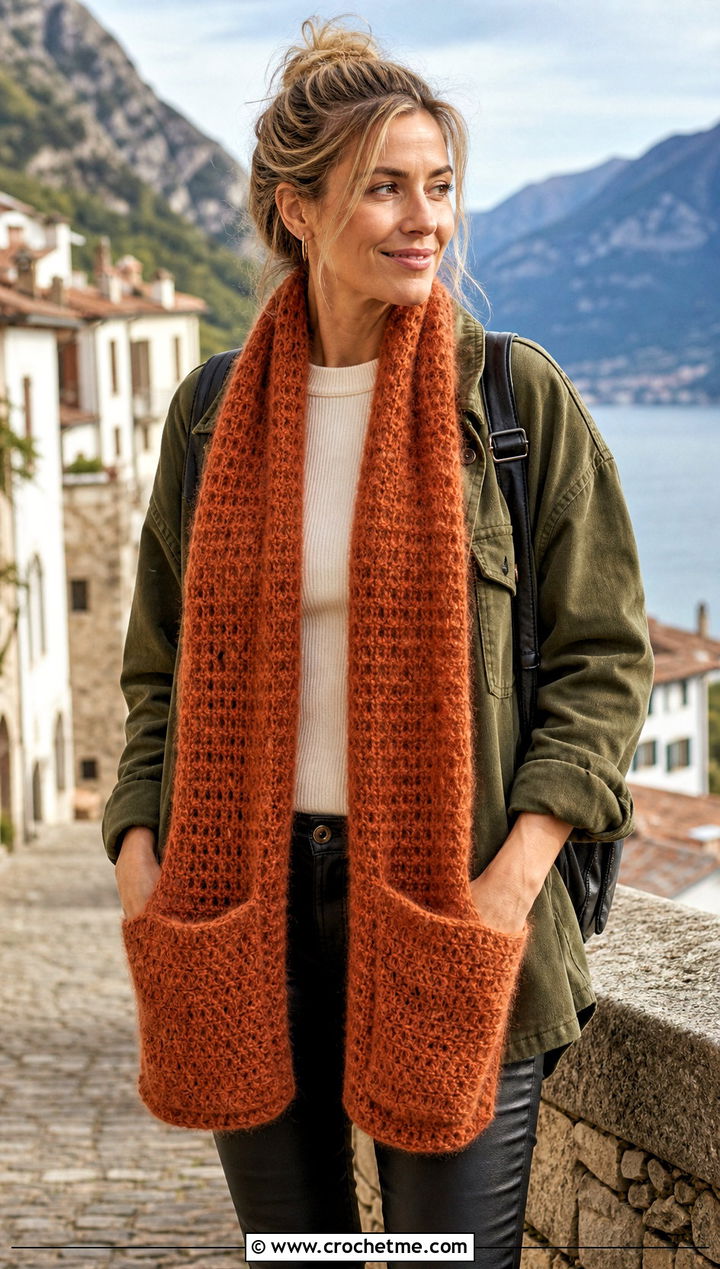 Pocket Crochet Mohair Scarf With Shacket - 30 crochet mohair scarf outfit ideas
