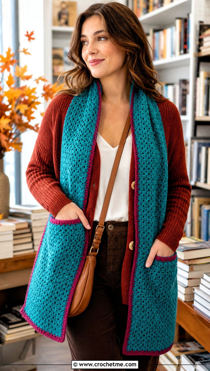 Pocket Crochet Mood Scarf With Cardigan And Corduroy Pants - 15 Crochet Mood Scarf outfit ideas