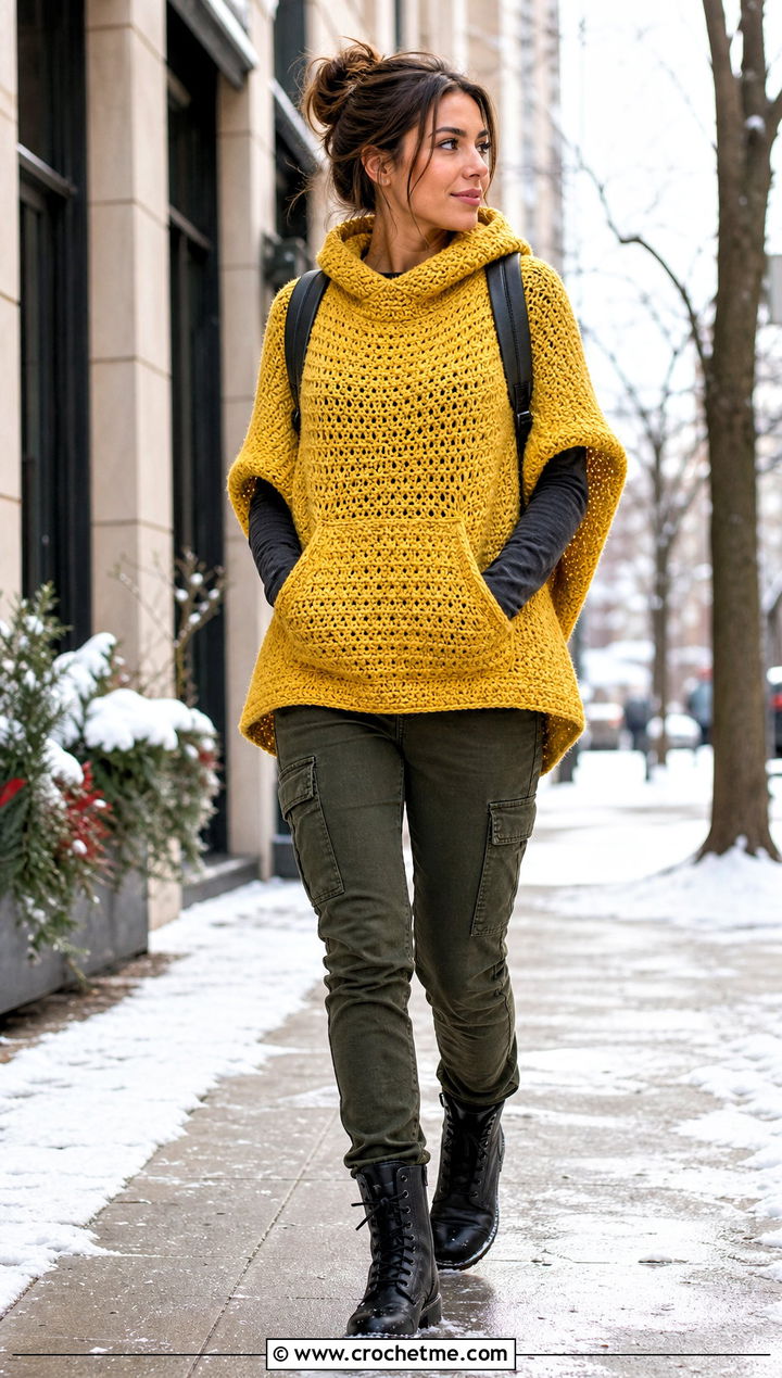 Pocket Crochet Poncho With Cargo Jeans - 30 woman winter crochet poncho outfit ideas
