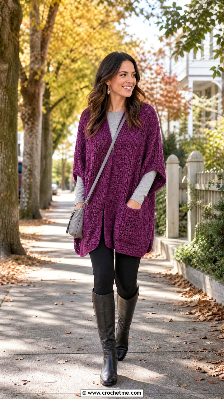 Pocket Crochet Poncho With Leggings And Riding Boots - 35 crochet poncho woman outfit ideas