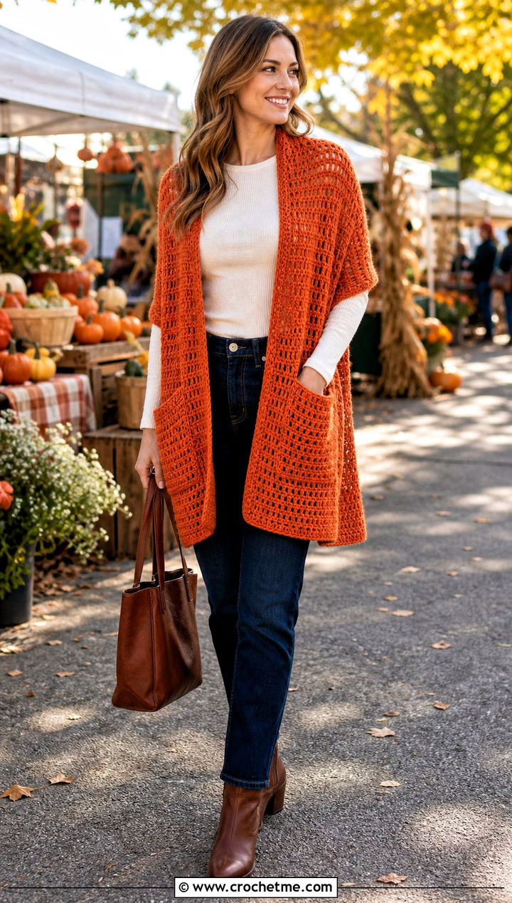 Pocket Crochet Rectangle Shawl With Jeans And Boots - 35 Crochet Rectangle Shawl outfit ideas
