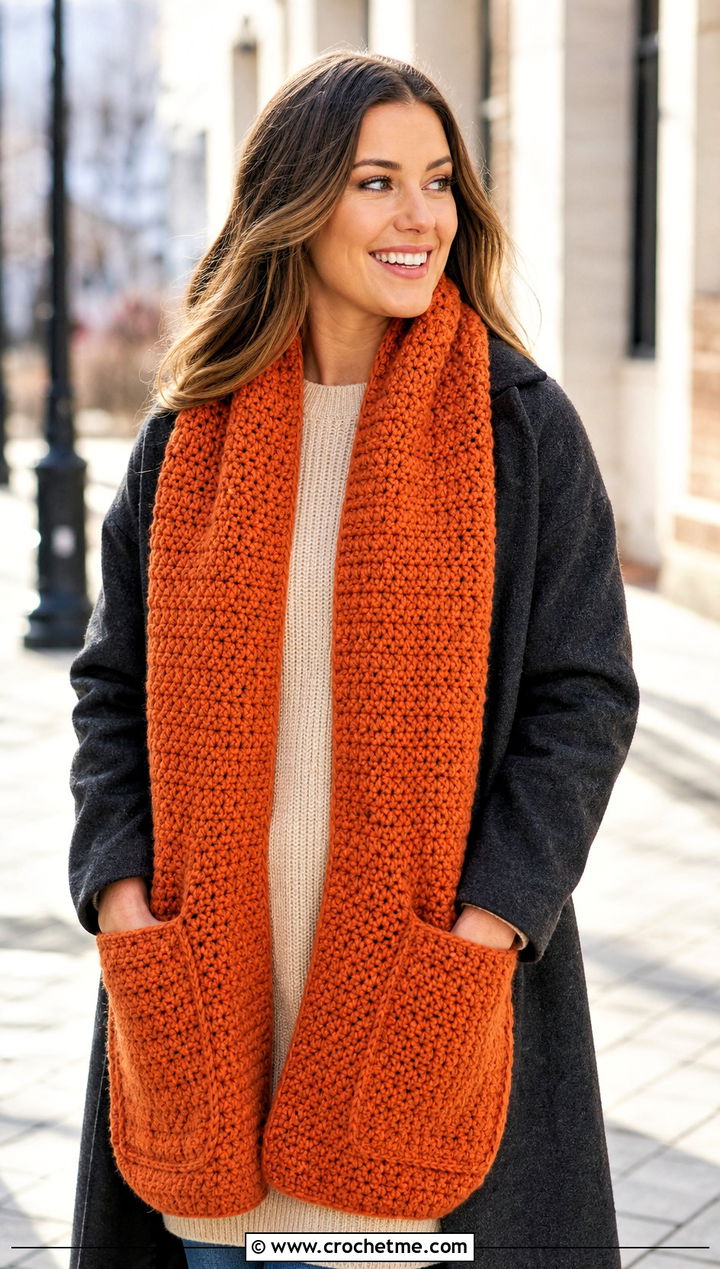 Pocket Crochet Roll Up Scarf With Leggings And Coat - 25 Crochet Roll Up Scarf outfit ideas